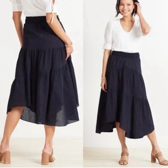 Frame Gathered Seam Navy Blue Midi Shirred Cotton Skirt Asymmetrical Hem Size M - Picture 1 of 10